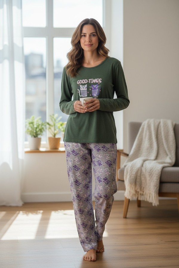 Γυναικεία Ψιλή Πιτζάμα με Σχέδιο Γάτες