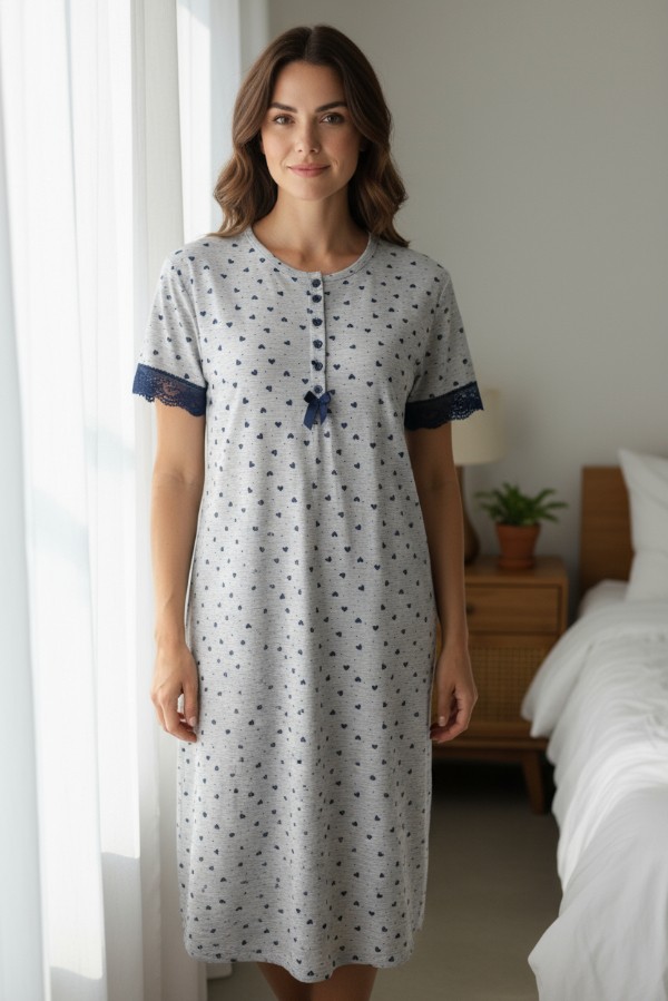 Γυναικείο Νυχτικό με Καρδιές και Δαντέλα – Grey