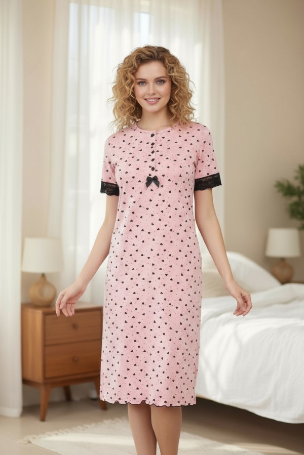 Γυναικείο Νυχτικό με Καρδιές και Δαντέλα – Pink