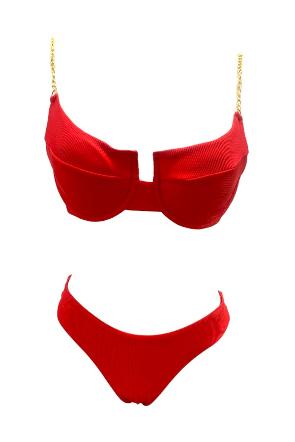Γυναικείο Μαγιό Bikini με Αλυσίδα - Κόκκινο