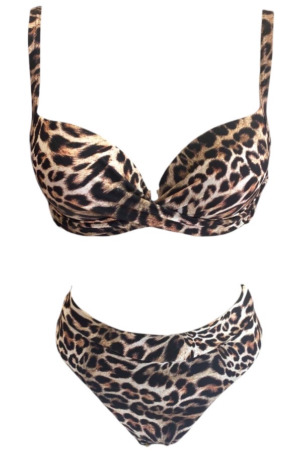 Γυναικείο Μπικίνι Leopard Καφέ – Σουτιέν με Ενίσχυση & Ψηλόμεσο Σλιπ