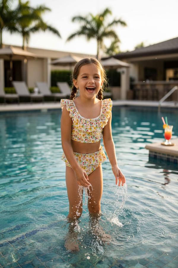 Παιδικό Μαγιό Μπικίνι με Βολάν - Λευκό με Λουλούδια