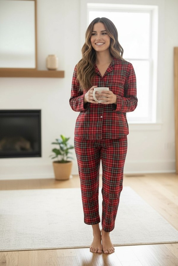 Γυναικεία Βουτυρένια Πιτζάμα με Καρό Σκούρο & Κουμπιά