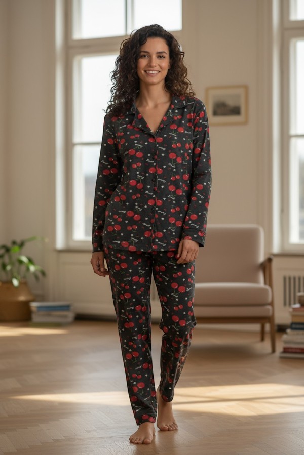 Γυναικεία Βουτυρένια Πιτζάμα με Κερασάκια & Κουμπιά