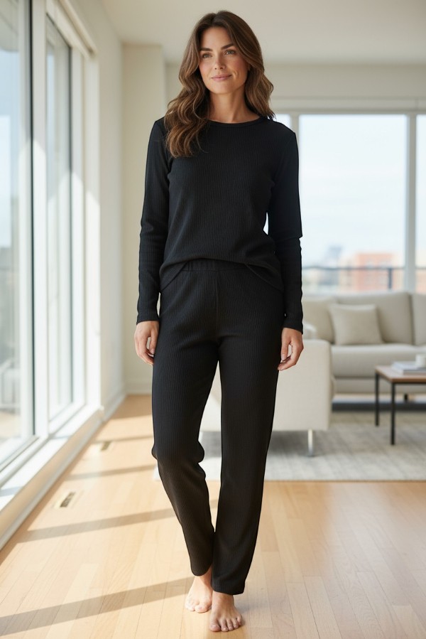 Γυναικεία Rib Πιτζάμα - Μαύρη