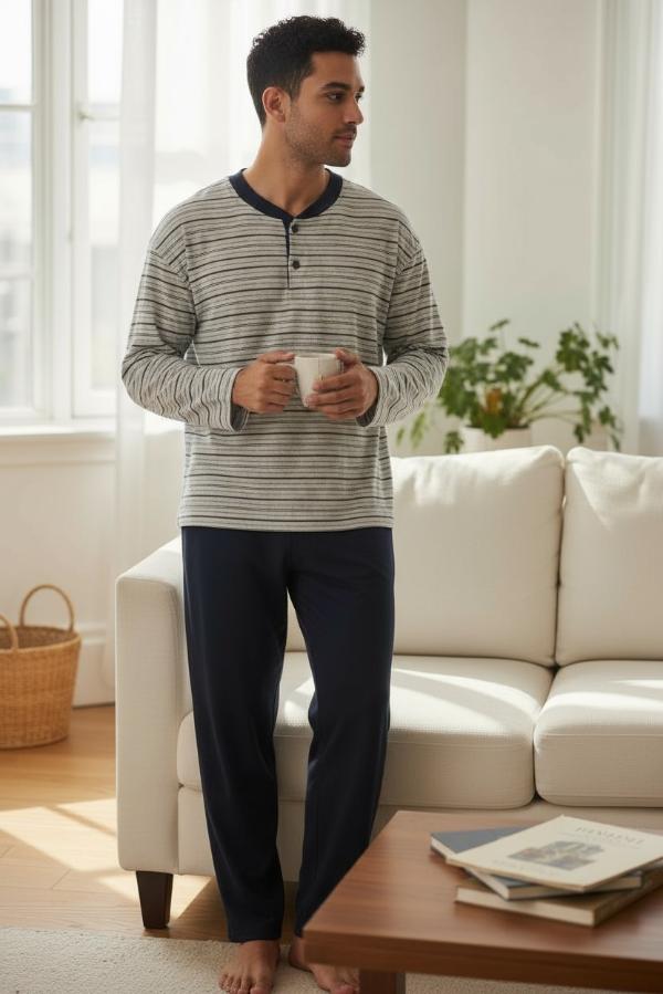 Ανδρική Βαμβακερή Πιτζάμα με Κουμπιά και Ρίγες