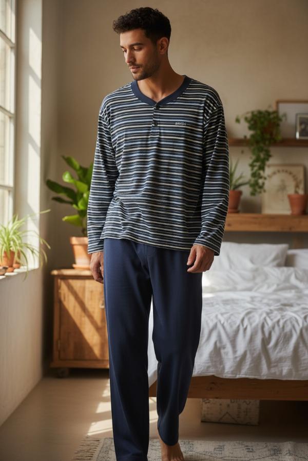 Ανδρική Βαμβακερή Πιτζάμα με Κουμπιά και Ρίγες