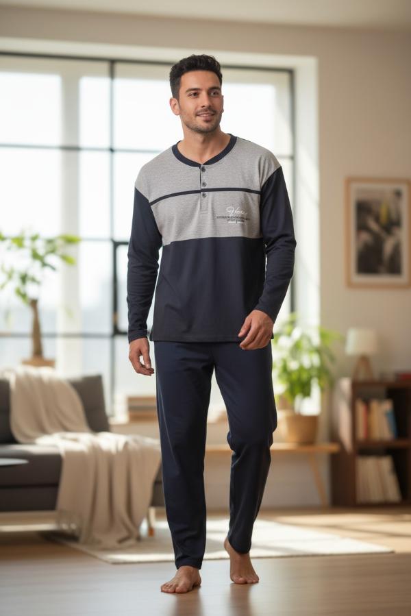 Ανδρική Βαμβακερή Πιτζάμα Μπλε | Γκρι