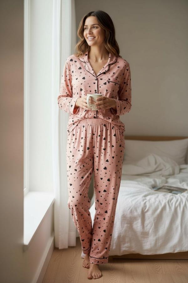 Γυναικεία Βελουδένια Πιτζάμα με Καρδιές & Κουμπιά