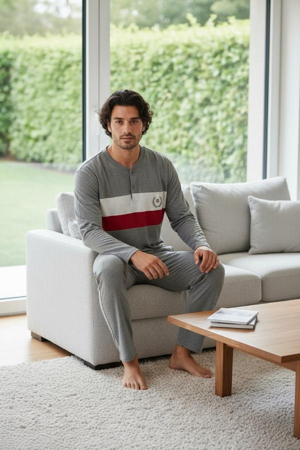 Ανδρική Βαμβακερή Πιτζάμα - Γκρι|Μπορντό