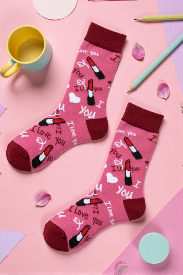 Κάλτσα Unisex με Σχέδιο Lipstick Pink