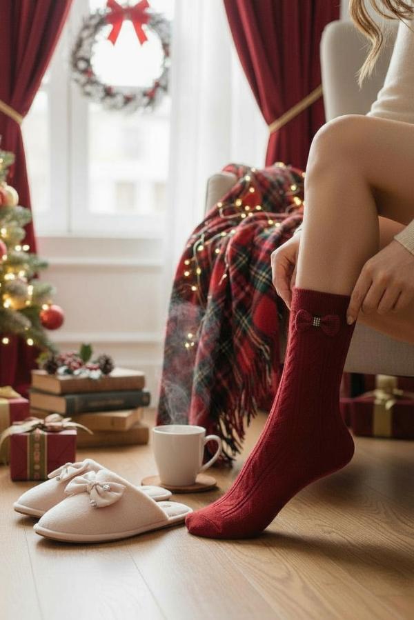 Κόκκινες Πλεκτές Κάλτσες – Christmas Edition Φιόγκο Καρό
