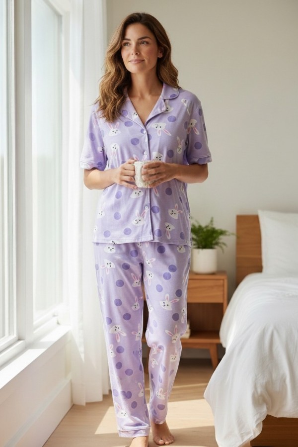 Καλοκαιρινό Σετ Πιτζάμας Με Κουμπιά Λαγουδάκια